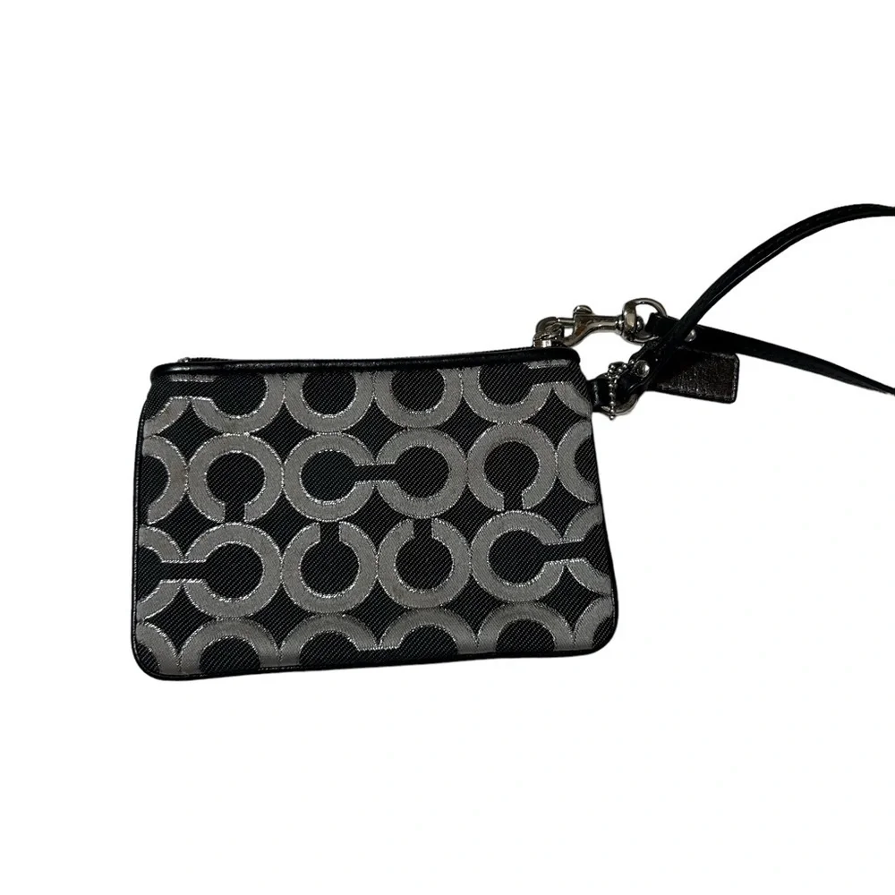 COACH Black Silver OP Art Wristlet GUC Logo Canvas Patent Leather Trim - Picture 5 of 6